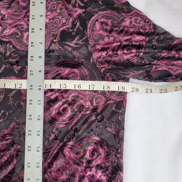 Vintage Women Size Med Petite Purple Velvet Floral Semi Sheer Long Sleeve Blouse - Picture 9 of 13